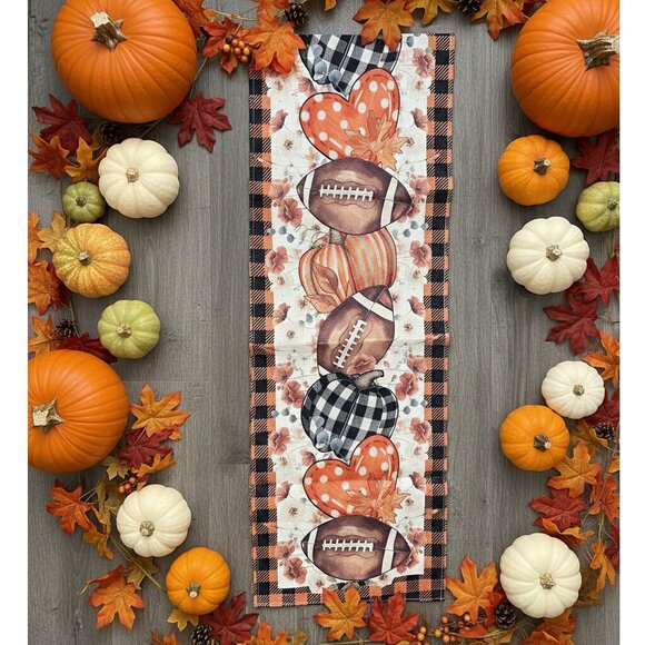 Fall Table Runner Pumpkin Football Decor Autumn Thanksgiving Decoration Cloth - Picture 2 of 8